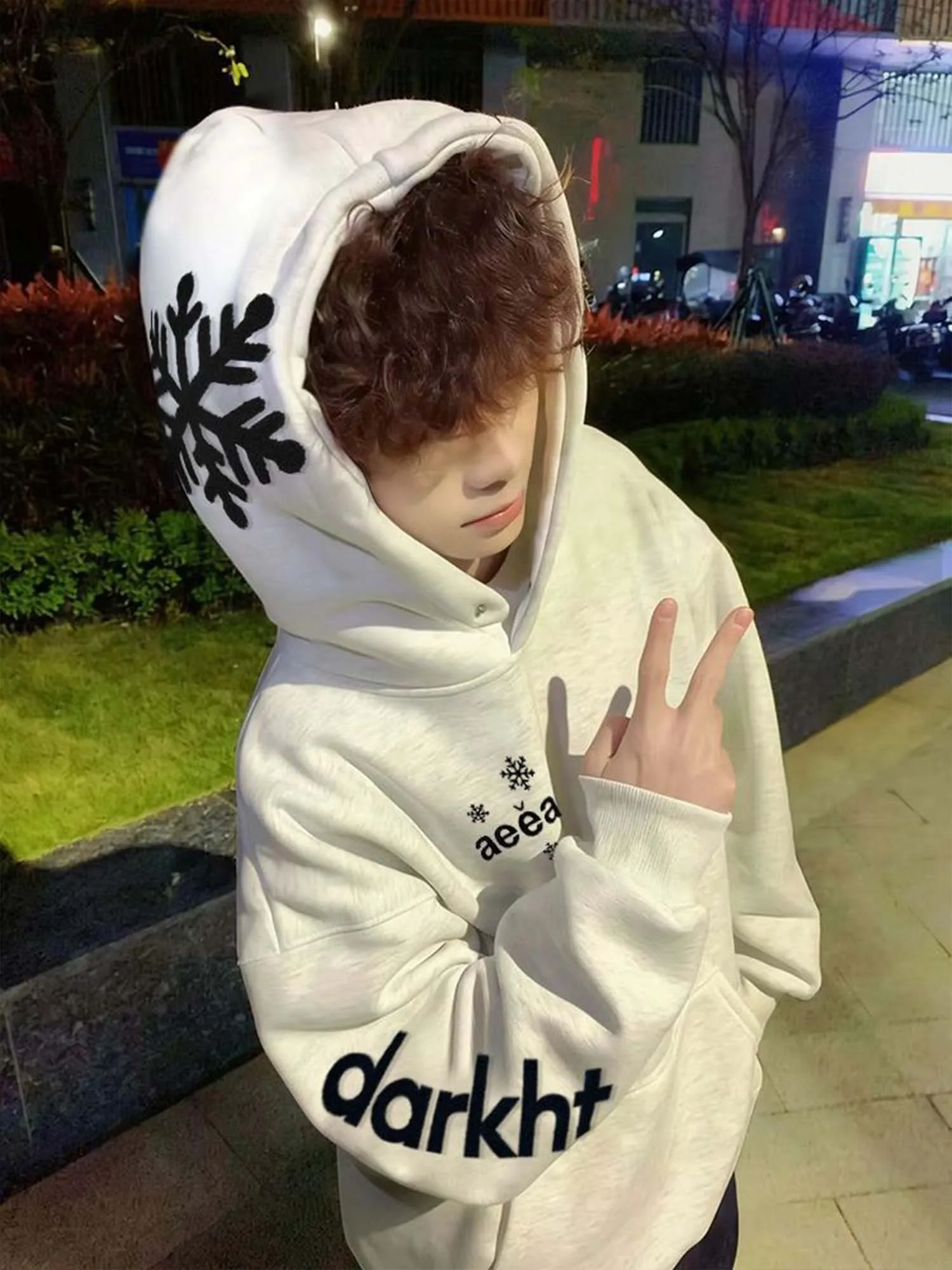 

ay American Letter Embroidery Snowflake Sweatirt Men's Autumn Winter Loose Hoodie Heavyweight Fce Lined Thi Jaet