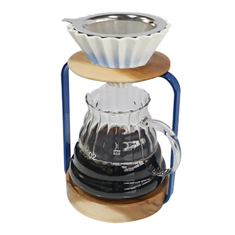 2023 Popular Pour Over Coffee & Tea Set with Wooden Base Black Blue 850mL