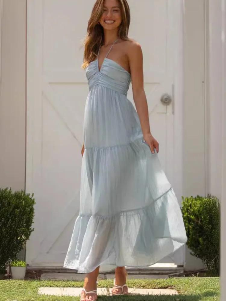

Summer Holiday Long Dresses 2025 Women's Spaghetti Strap V Neck Chic Sleeveless Flowing Dress Vacation Beach Vestidos Para Mujer