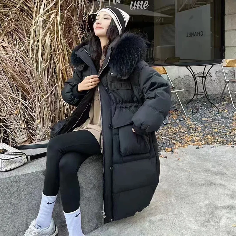 

Long White Duck Down Jacket for Women, Thick Warm Puffer Jacket, Raccoon Fur Collar, Hooded Waist, Thin Overcoat, New, Winter