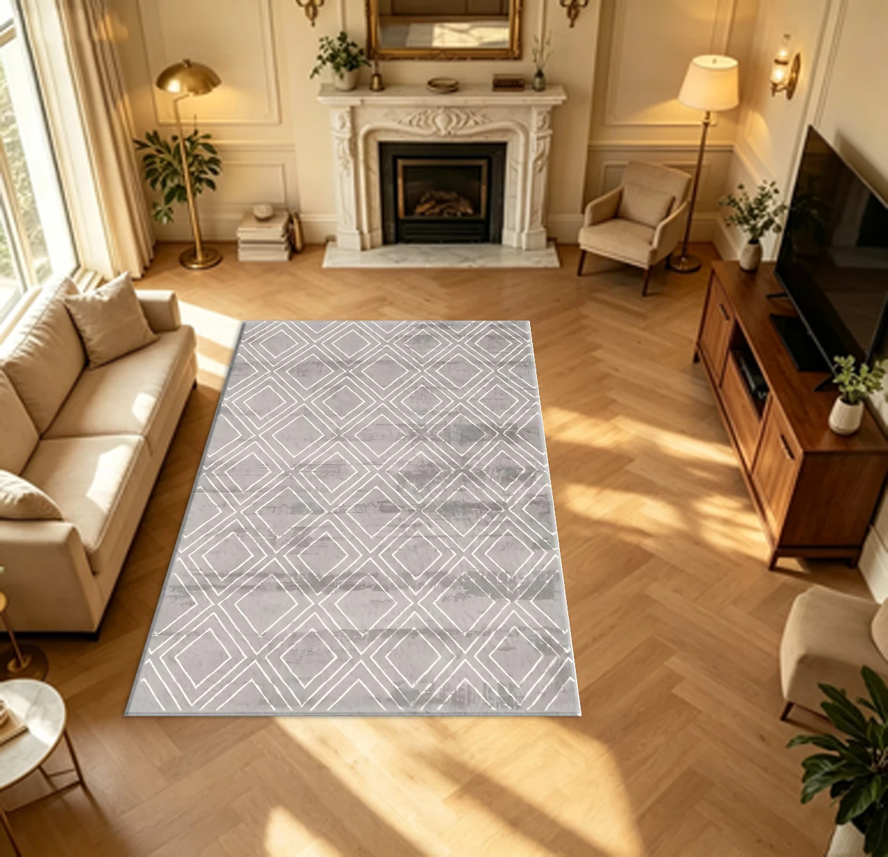 Light Grey White Hollow Diamond Geometric Carpet Flooring Washed Retro Texture Large Area Rug for Home Decoration