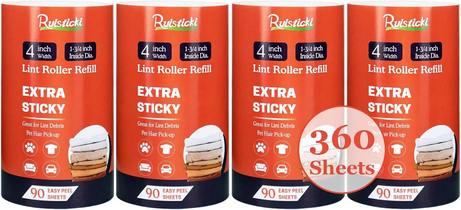 

4 Inch Lint Roller Refills, 4 Pack, 90 Sheets Each, Extra Sticky for Pet Hair, Fits Scotch Brite