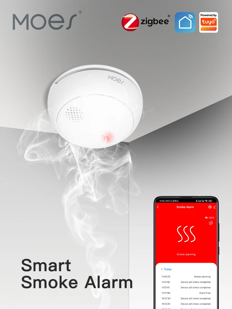 MOES ZigBee Smart Kabelloser Rauchmelder mit 85dB Alarmton, Sirene, Sensor für Intelligente Sicherheit und Schutz in Haus und Küche, App-Benachrichtigung