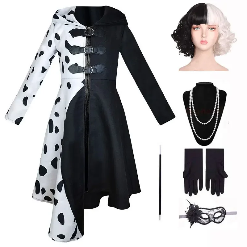 Disfraz de Madame Cruella Vil para niñas y mujeres, vestido de sirena blanco y negro, guantes, peluca, vestido de lujo par