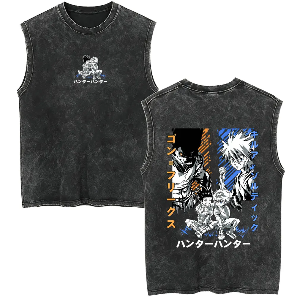 Anime Hunter X Hunter Vintage Washed Tank Tops Manga Killua Zoldyck Gon Freecss Merch Sleeveless Vest Men Women Casual T Shirts