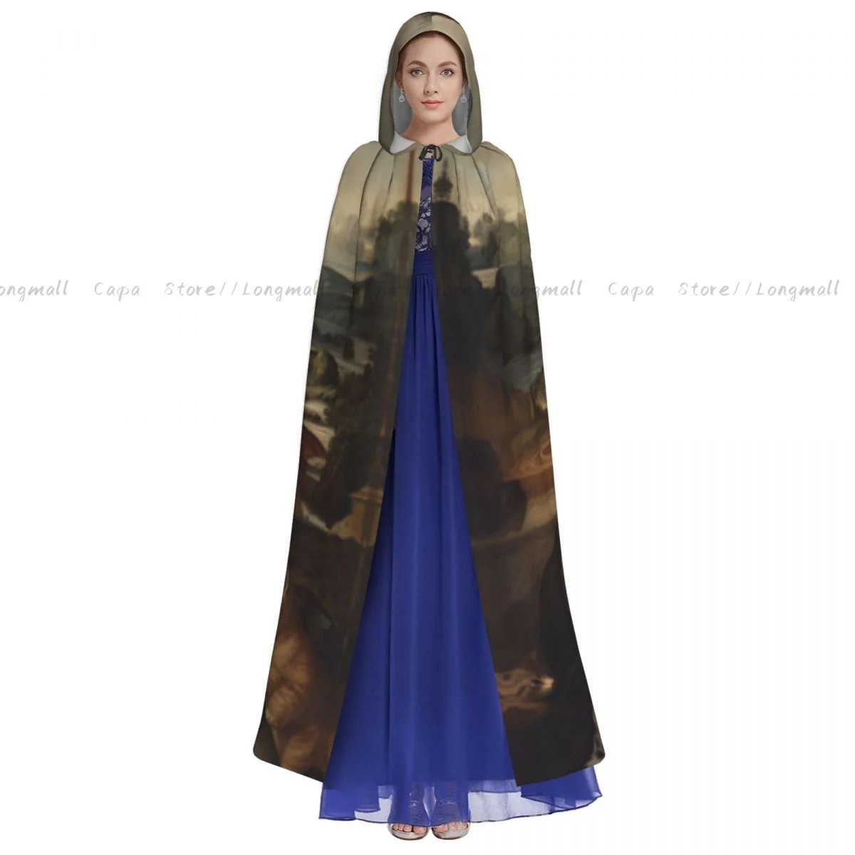 Smiling Mona Lady Interpretation With Cats Hooded Cloak Coat Halloween Cosplay Costume Vampire Devil Wizard Cape Gown Party