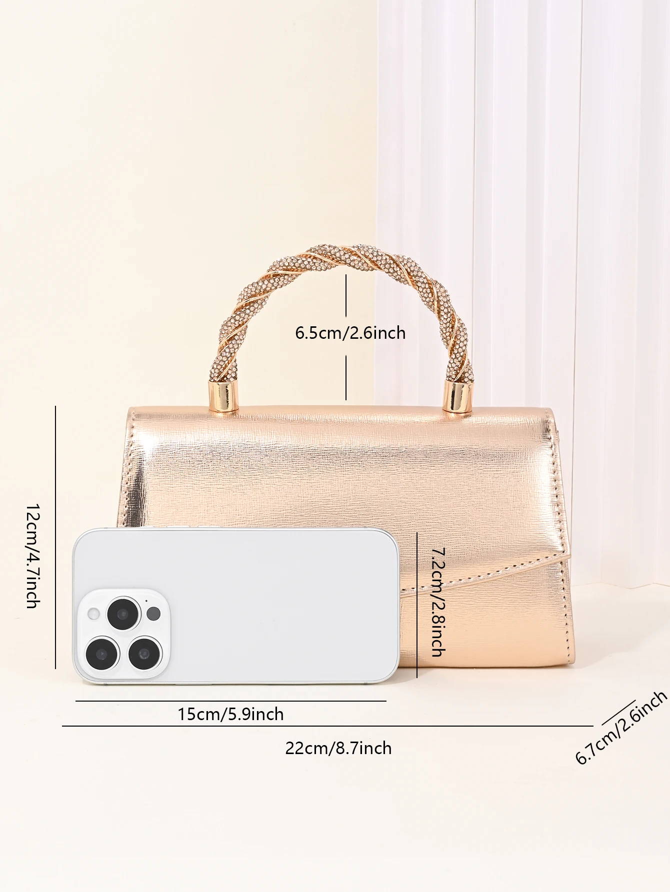 Women's Rose Gold Metallic PU Mini Square Satchel Evening Bag, Crystle Handle Elegant Dinner Chain Bag For Women, Elegant