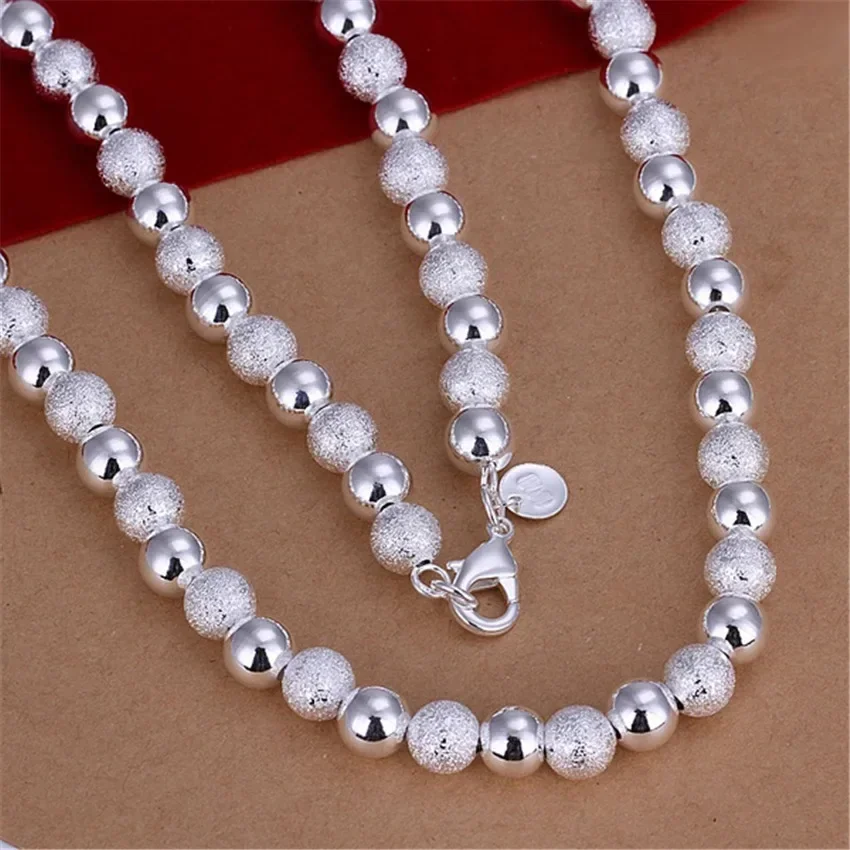 Wholesale high quality 925 Silver Plated precious 8MM Frosted Smooth Beads Necklaces for women Fashion Jewelry Holiday gifts
