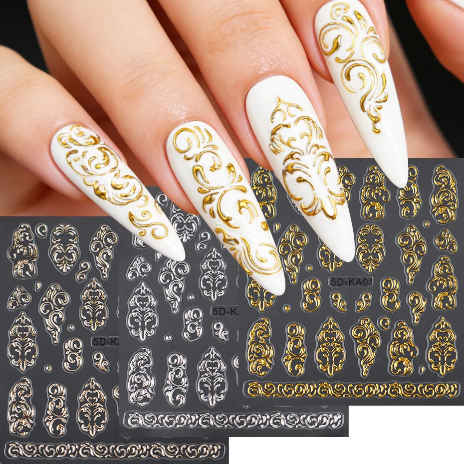 5D Gestreifte Totem-Linien Nagelkunst-Aufkleber Retro Goldene & Silberne & Roségoldene Totem-Blütenblatt-Muster Hohle Blumenranken Nageldekoration