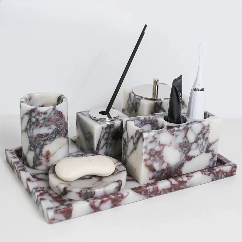 Luxuriöses Naturmarmor-Tablett, Zahnbürstenhalter & Seifenspender-Ständer, Kosmetik-Organizer für Waschtisch, Dusch- und Badezimmer-Aufbewahrung