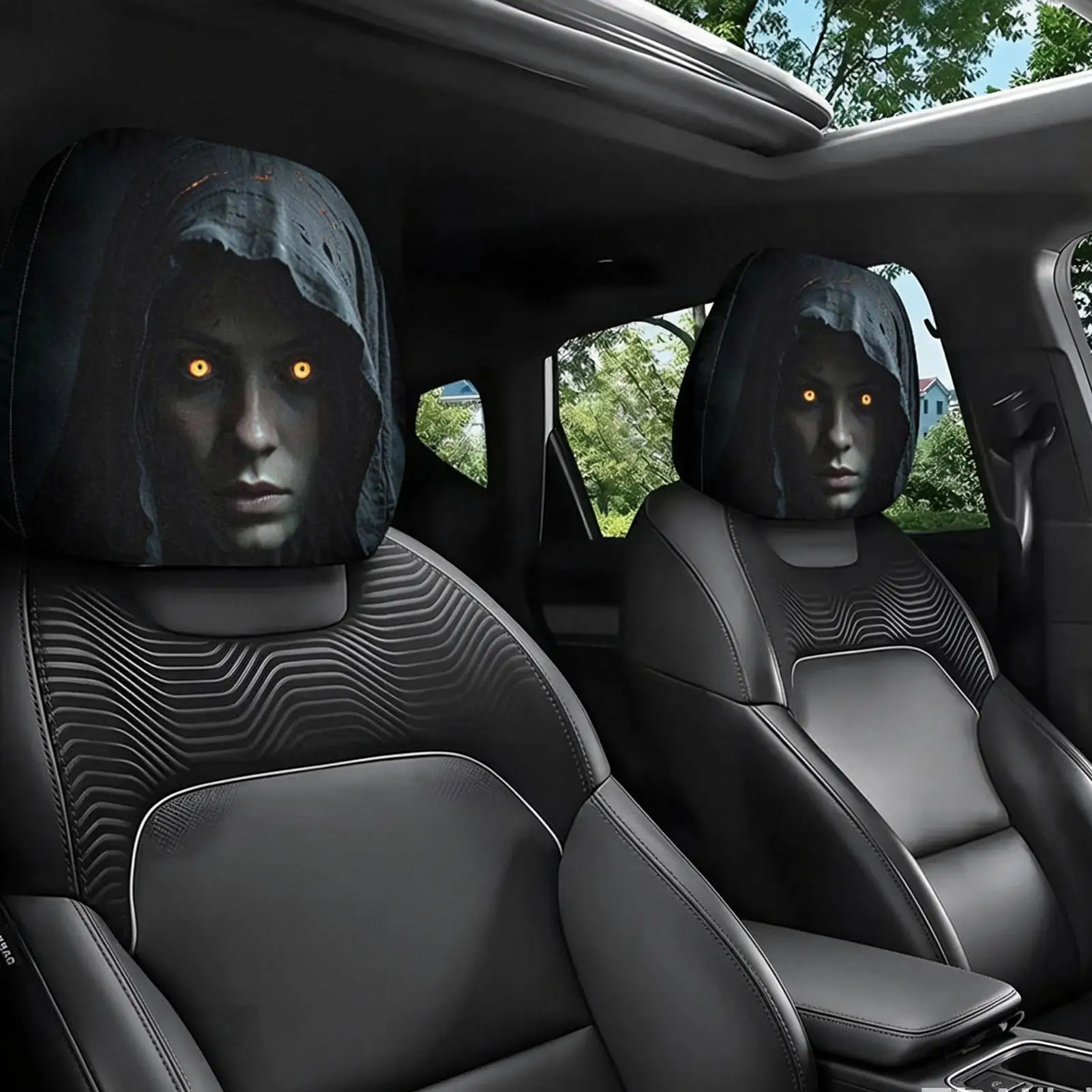 2PCS Universal Headrest Covers Halloween Car Interior Decoration 2D Printing Horror Black Face Car Headrest Covers pillowcase