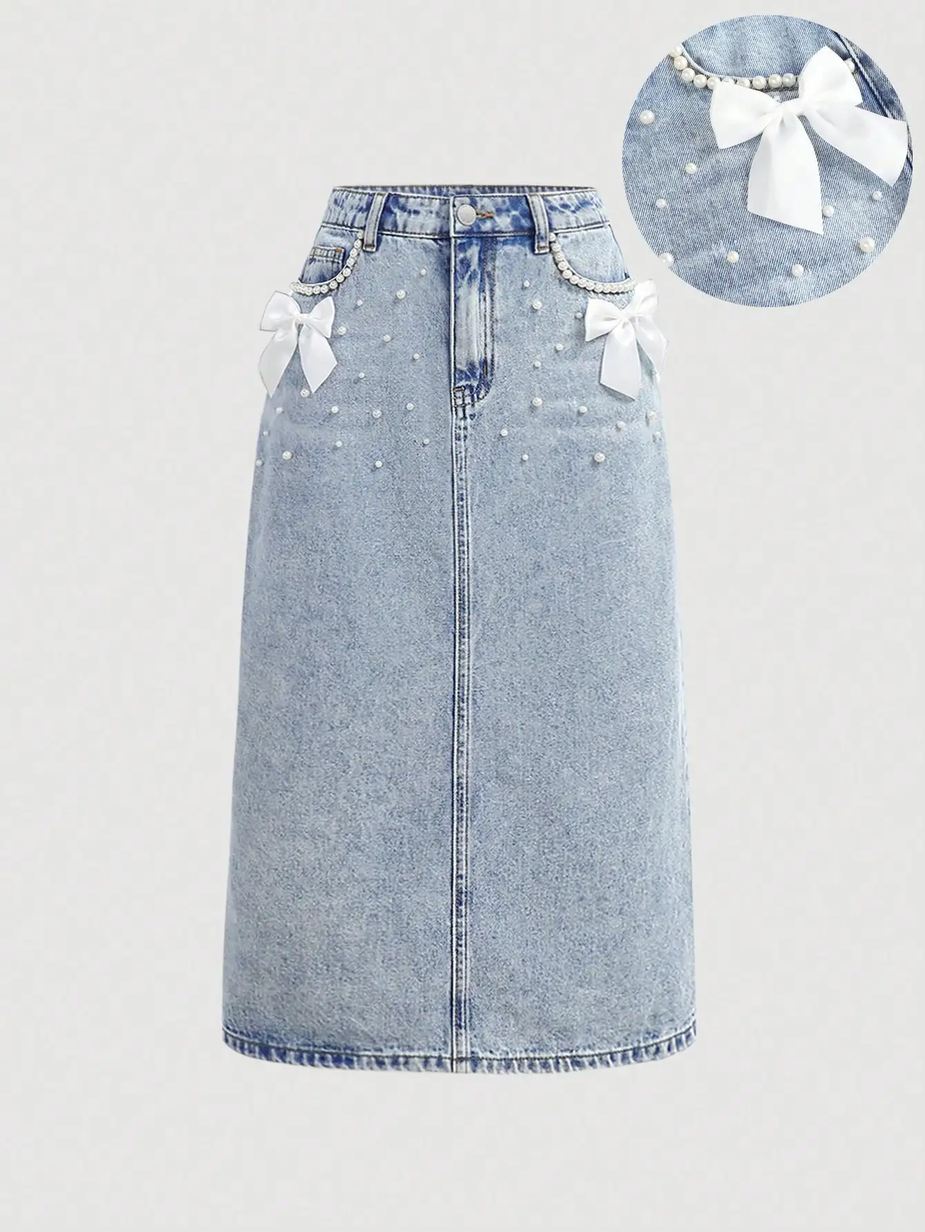 

Light Wash Denim Midi Skirt with Pearl Beads and Satin Bows for Girls
