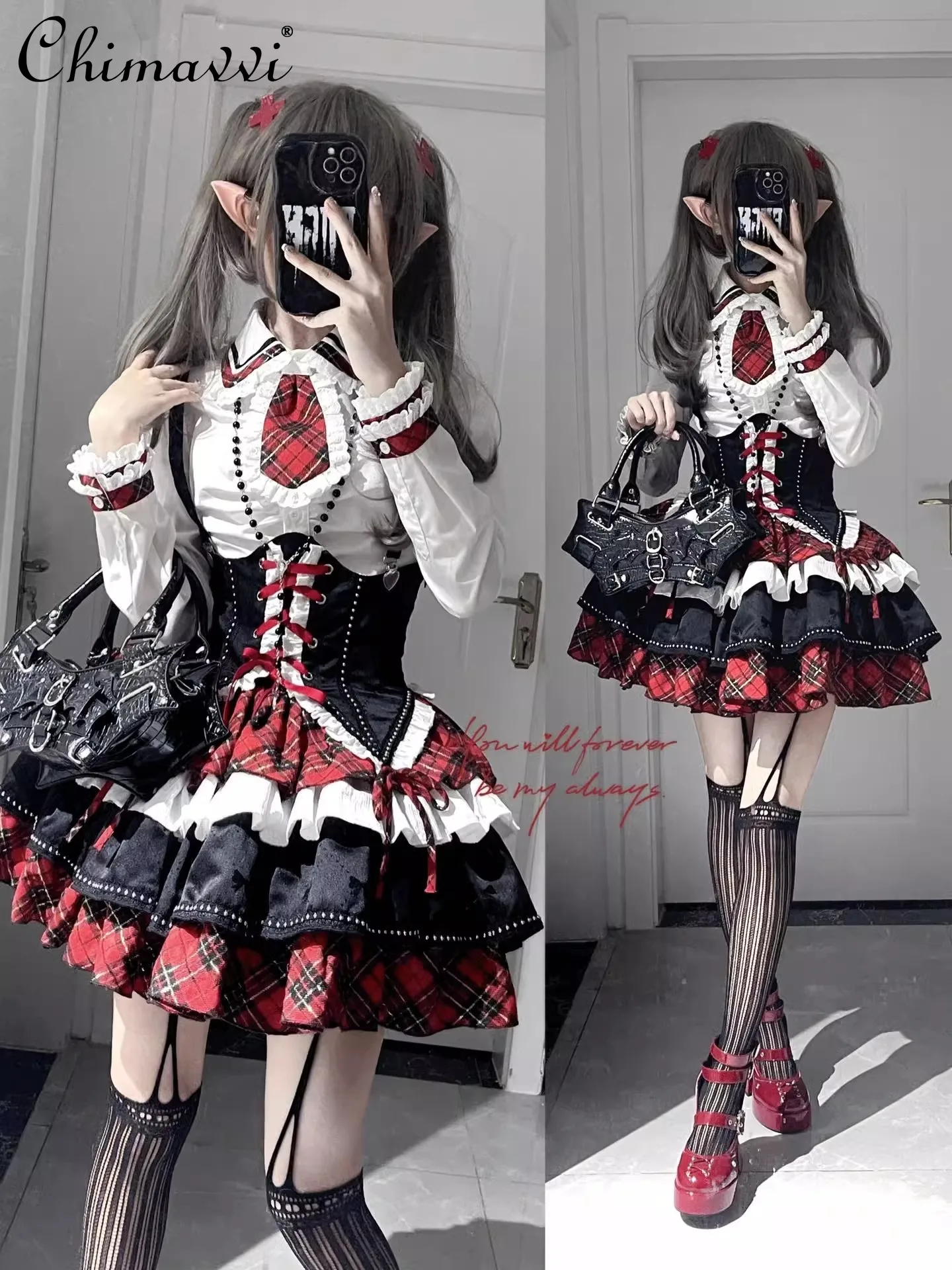 

American Hot Girl Lolita Contrast Color Strap Waist-Tied Shirt Pettiskirt Suit Autumn Pure Desire Princess Dress Sets Outfits