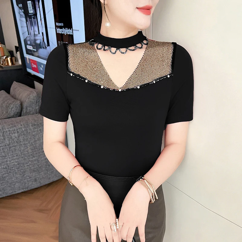 Sexy Hollow Out V-Collar Hot Diamond Female T-shirt High Quality Short Sleeved Splice Summer Women Tops Ladiess Fashion Clothing