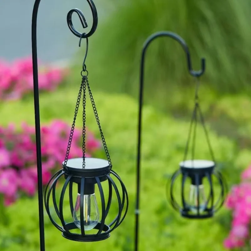 

Solar Hanging Lantern Outdoor Water Proof Metal Solar Powered Light With Hook For Outside Yard Garden Patio Porch Balcony Round