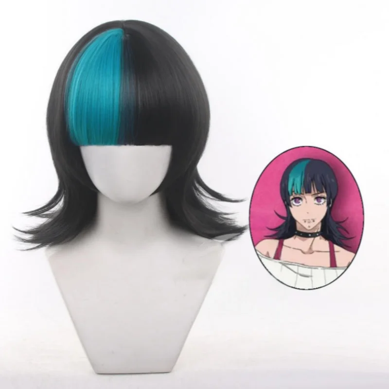 

JJK Kirara Hoshi Cosplay Wigs Halloween 45cm Black Teal Split Dye Hair Heat Resistant Synthetic Hair Anime Party Accessories