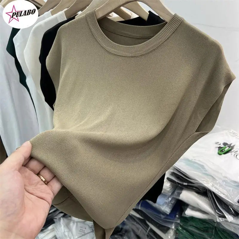 PULABO Tees Women Pure Color Wild Ice Silk Knitted Small Shirt Summer y2k Short-sleeved Women's T-shirt Top y2k