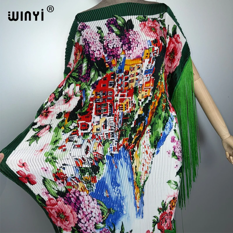 WINYI été plissé frangé maxi robe femmes froissé conception ample boho robe vacances mode robe de soirée abaya dubaï luxe