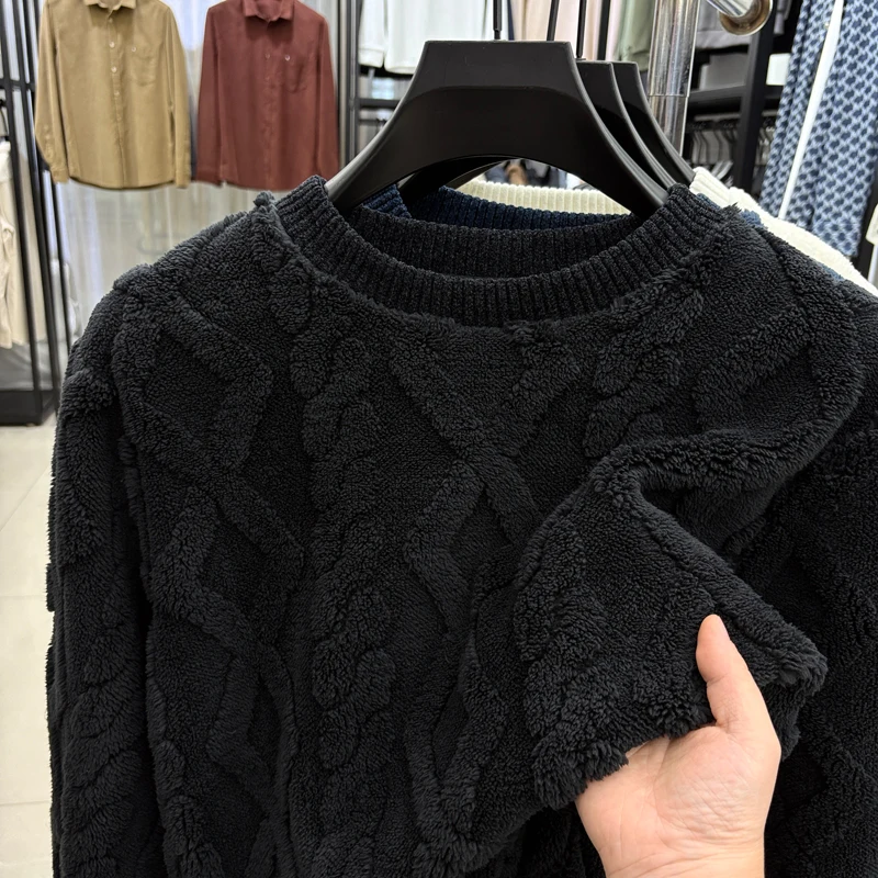 Man Luxury Design Long Sleeves Knitwear Flannel Argyle Pattern Fleece-Lined Round Neck Leisure Fashion Pullover Winter Mens Tops