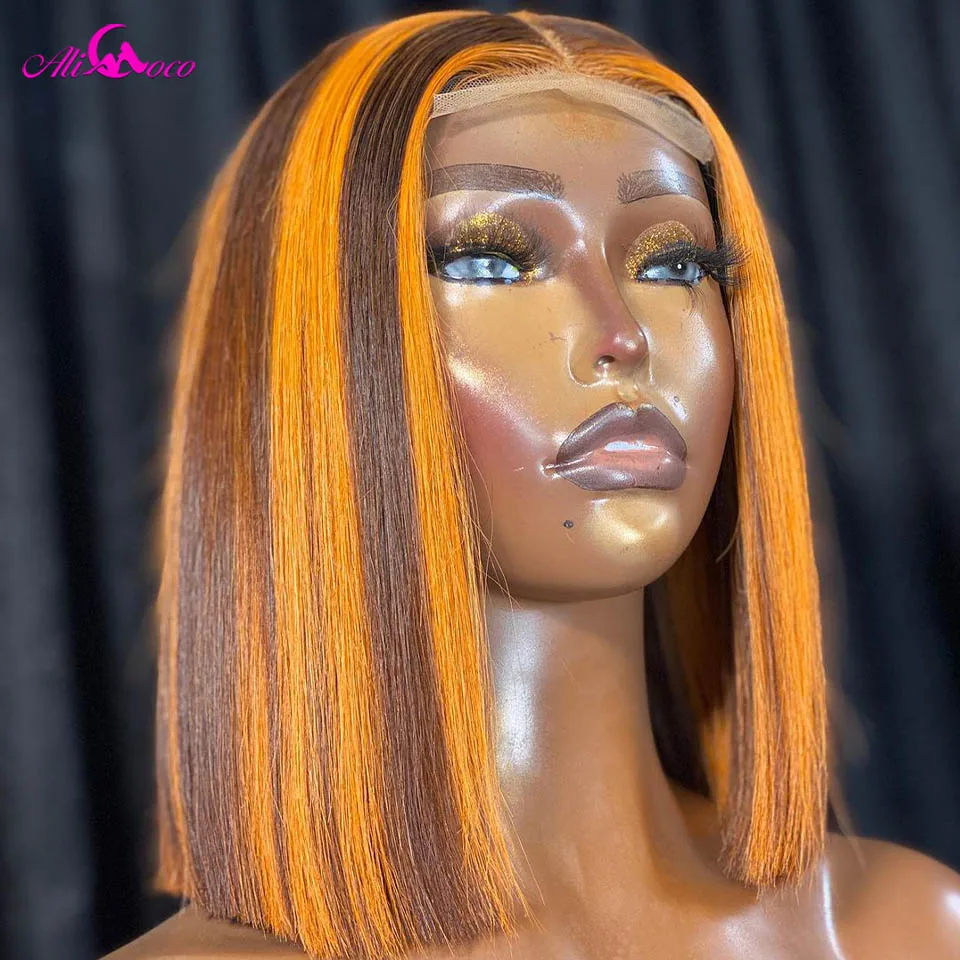 

180 Density Highlight Yellow Straight 13x4 Lace Frontal Human Hair Short Bob Wigs Transparent For Women Pre Plucked