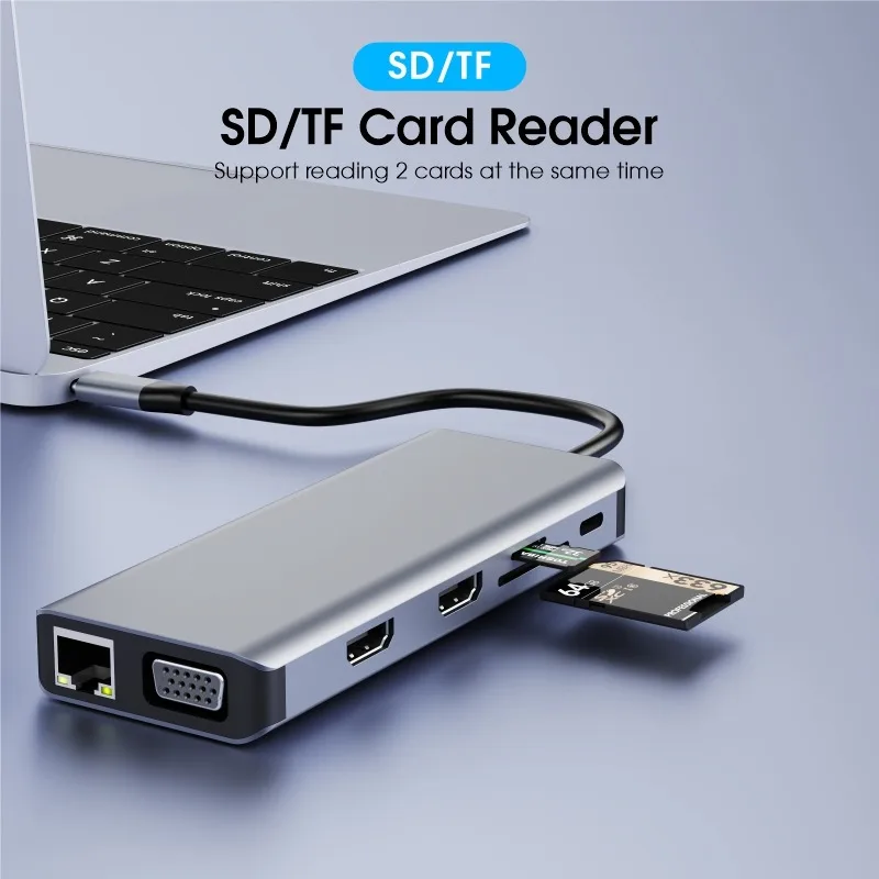 12 in 1 USB C Multiport Dock Station MST Triple Display Hub Dual 4K HDMI VGA 100W PD Aluminum for Windows Mac Laptops Smartphone