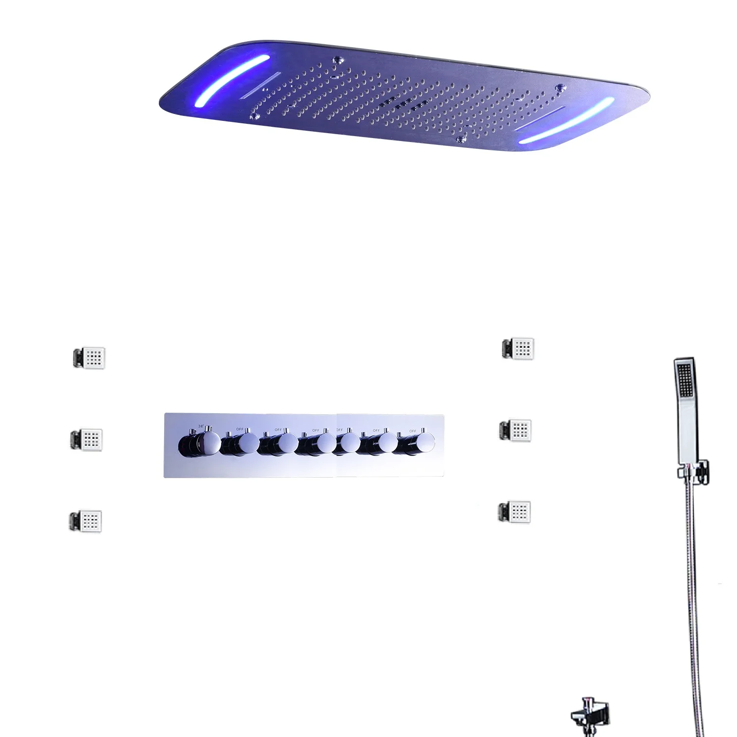 710x430mm LED Ceiling Large Rainfall Bathroom Thermostatic Faucets Set Waterfall Mist Bubble Showerhead  6 Functions System