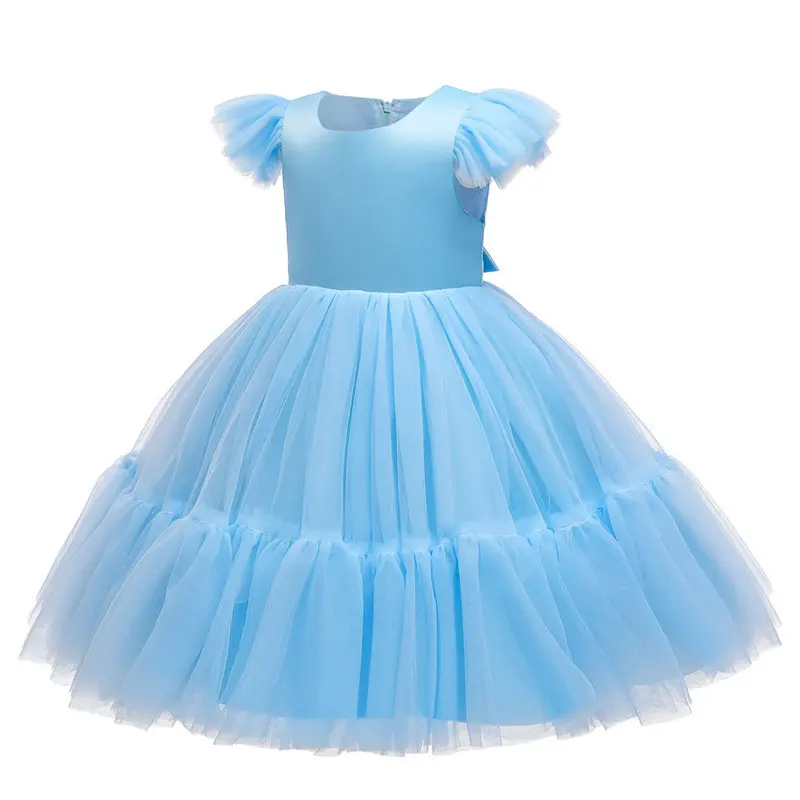 High Waist Sky Blue Girl Princess Dress Simple Flare Sleeve Tea Length Long Dress Gift for Flower Girl Wedding Party Customized