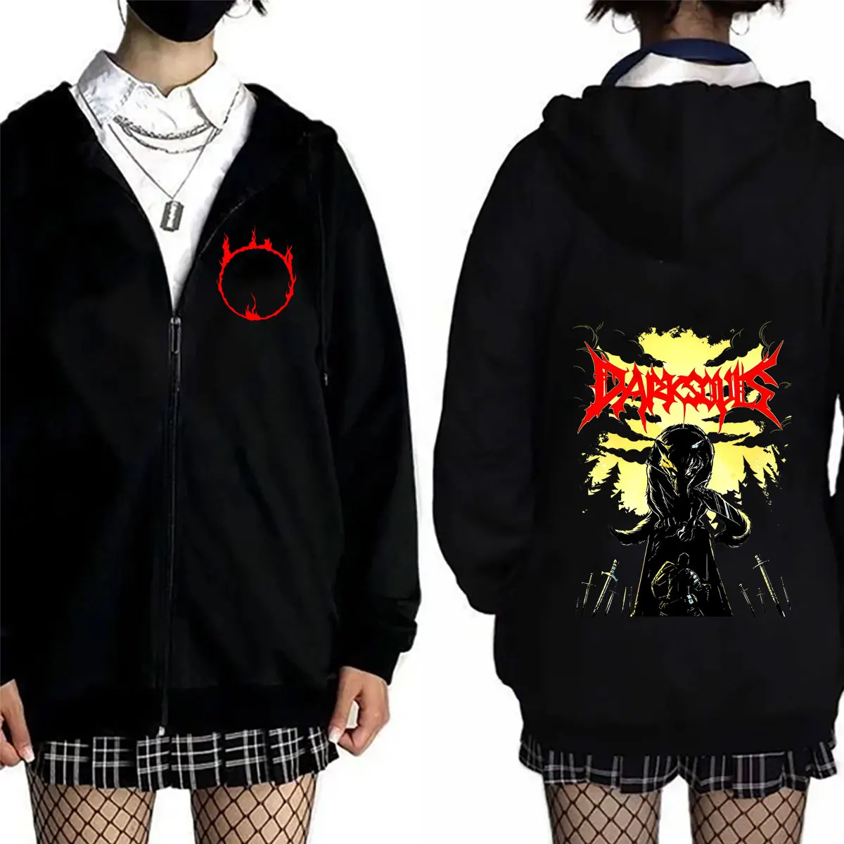 Sudadera con capucha y cremallera con estampado de doble cara de Game Dark Souls, moda gótica rockera para hombre y mujer, chaqueta informal con cremallera de gran tamaño para hombre