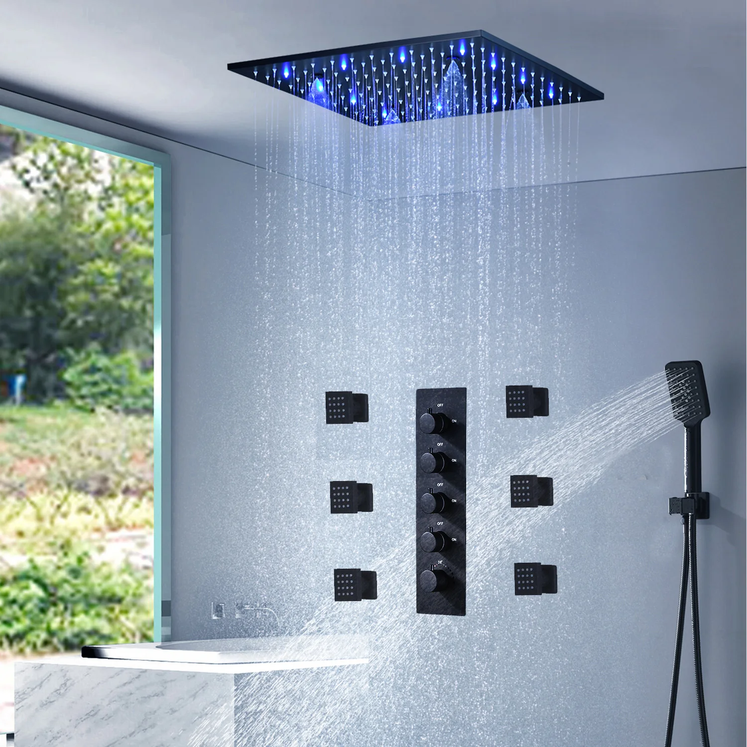 hm High Quliaty Bathroom LED Shower Set 20Inch Mist Spray Rainfall Shower Head Thermostatic Mixer Shower Faucet System Body Jets