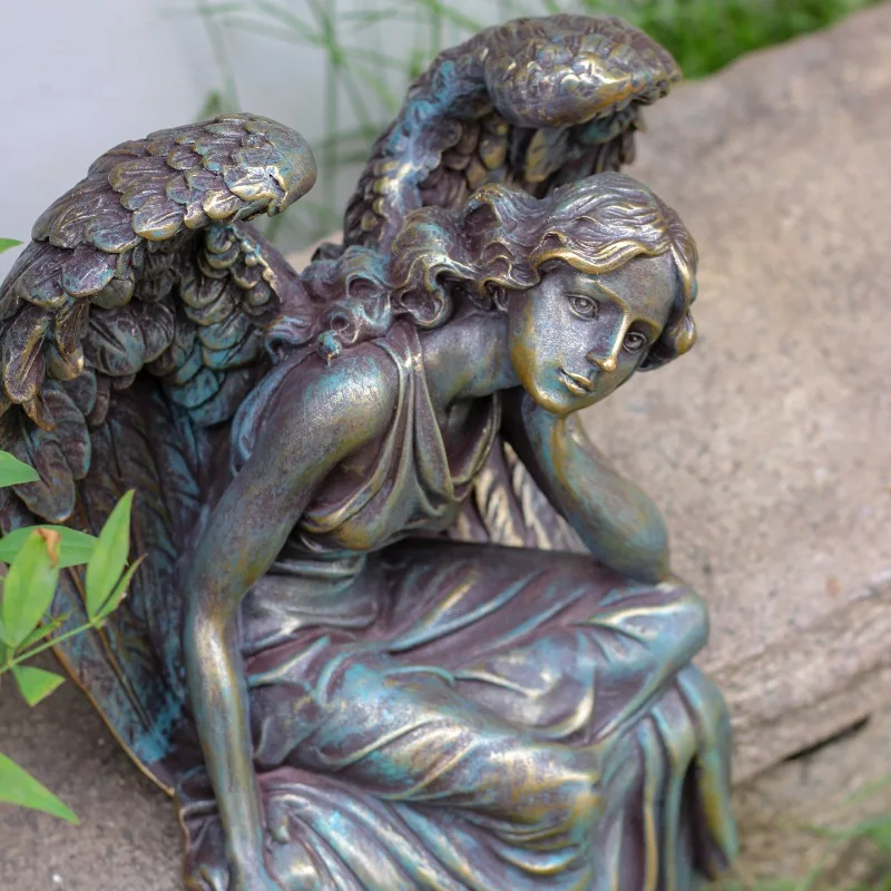 Vintage Angel Statue Romantic Garden Sculpture for Villa Resin Sitting Angel Decor Outdoor Courtyard Art & Pond Ornament