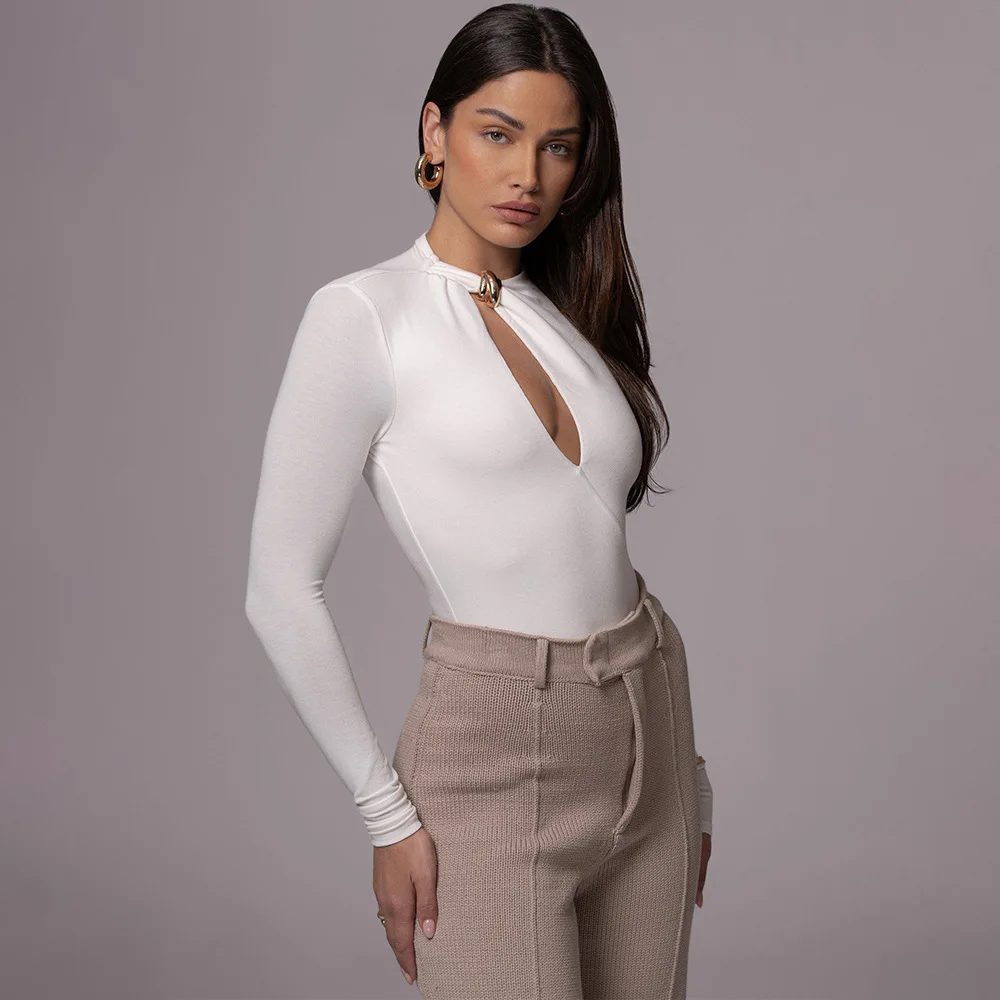 2025년 신상 여성용 섹시 슬림핏 긴팔 라운드넥 컷아웃 솔리드 컬러 바디콘 점프수트