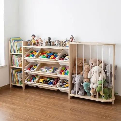 Kids Toy Storage Organizer with Bookcase and Stuffed Animal Zoo, 4-in-1 Wooden Multi Bin Toy Shelf for Toddlers