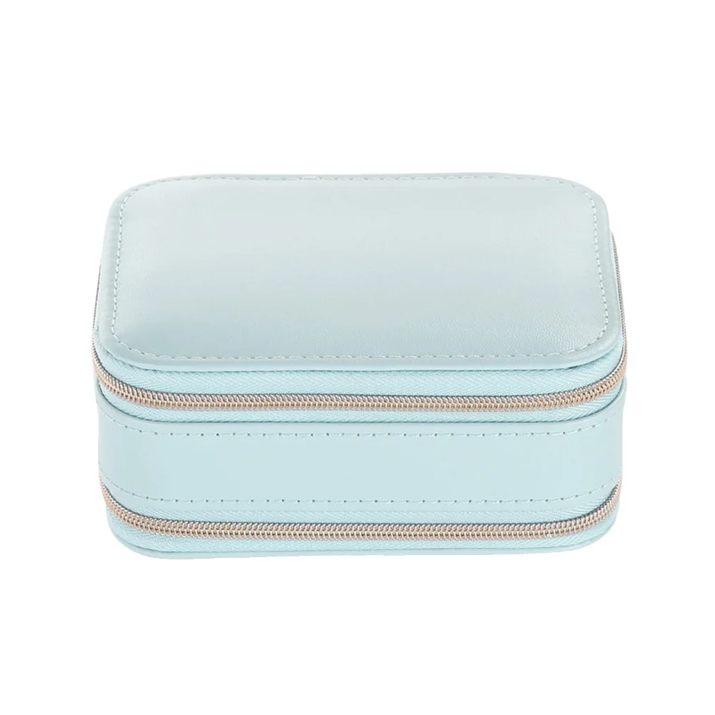 Portable Zippered Jewelry Box PU Multifunction Jewelry Case with Built-in Mirror for Women Girls (Light Blue)