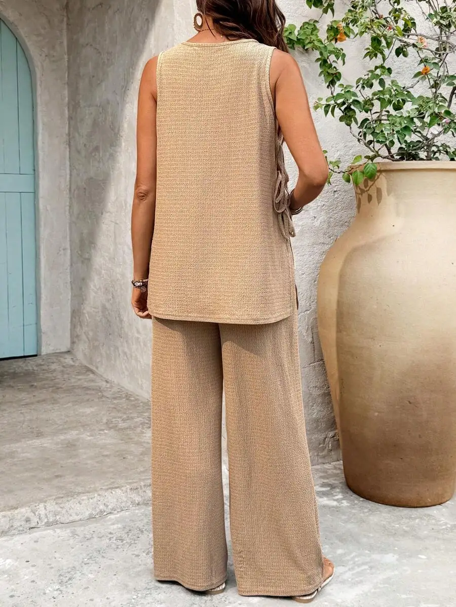 

2pcs Solid Color Round Neck Twist Front Top And Adjustable Waist Wide Leg Pants Set