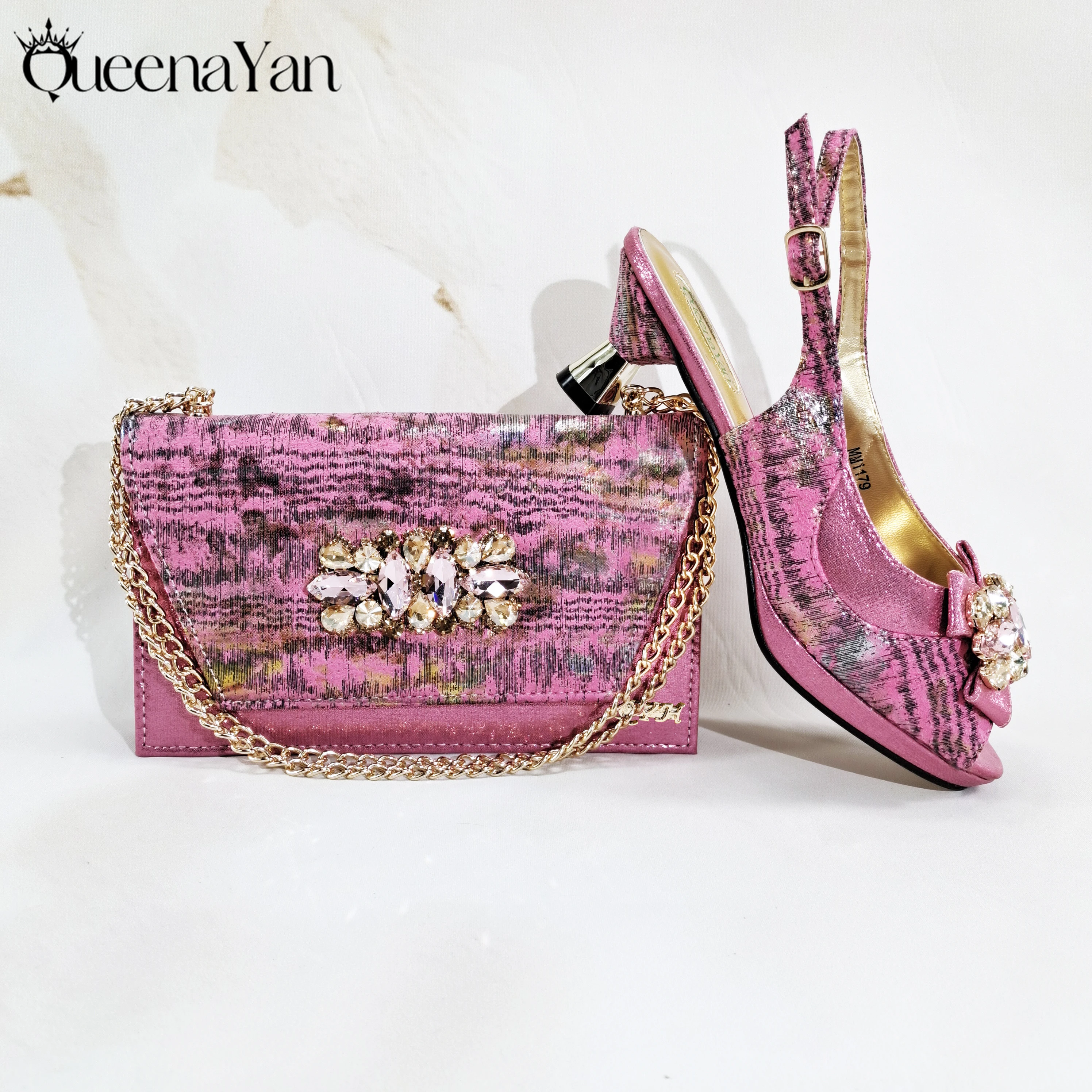 Elegant Color Pink Italian Design Women's Heels with Rhinestone-Embellished Matching Bag  Ideal for Parties and Special Occasion