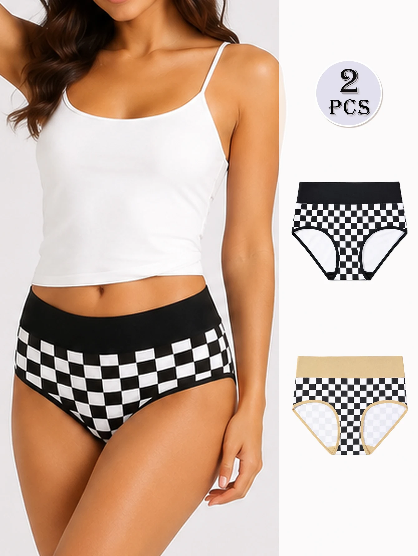 BANNIROU 2-Pack Women's Cotton Mid-Waist Underwear, Comfortable Breathable Printed Plaid Triangle Pants, Soft and Durable
