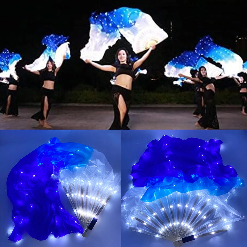 LED Belly Dance Silk Fan Long Folding Bamboo Artificial Silk Fans Luminous Light Up Fans for dancer favor performance props