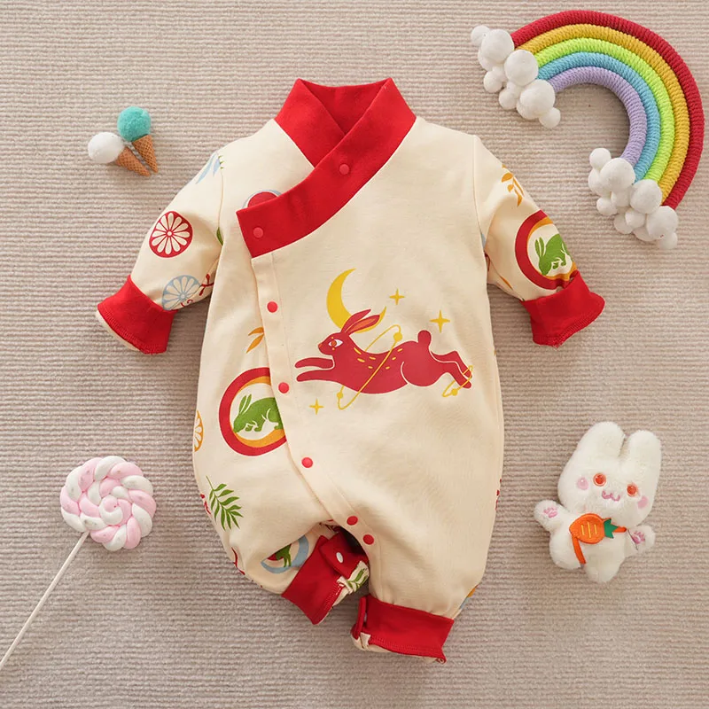 Spring and autumn Chinese traditional baby girl cute rabbit jumpsuit printed long sleeve jumpsuit baby clothes