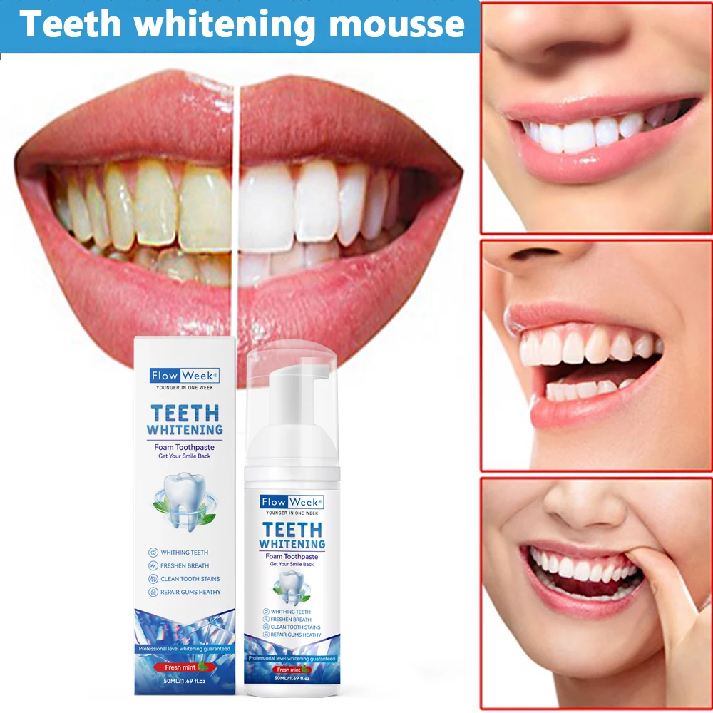 FlowWeek Teeth Whitening Mousse, ultra-fine mousse foam deeply cleans gums, removes stains, removes plaque, gum repair, caries p