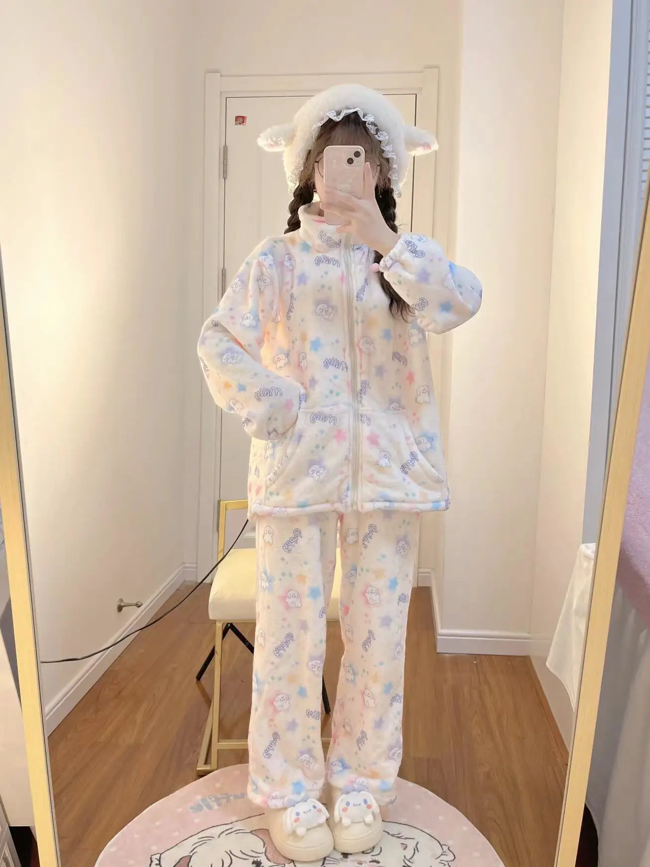 Sweet Girl Japanese Original Ins Winter New Flannel Cute Pajamas Casual Cartoon Warm Long Sleeve Zipper Loungewear Set