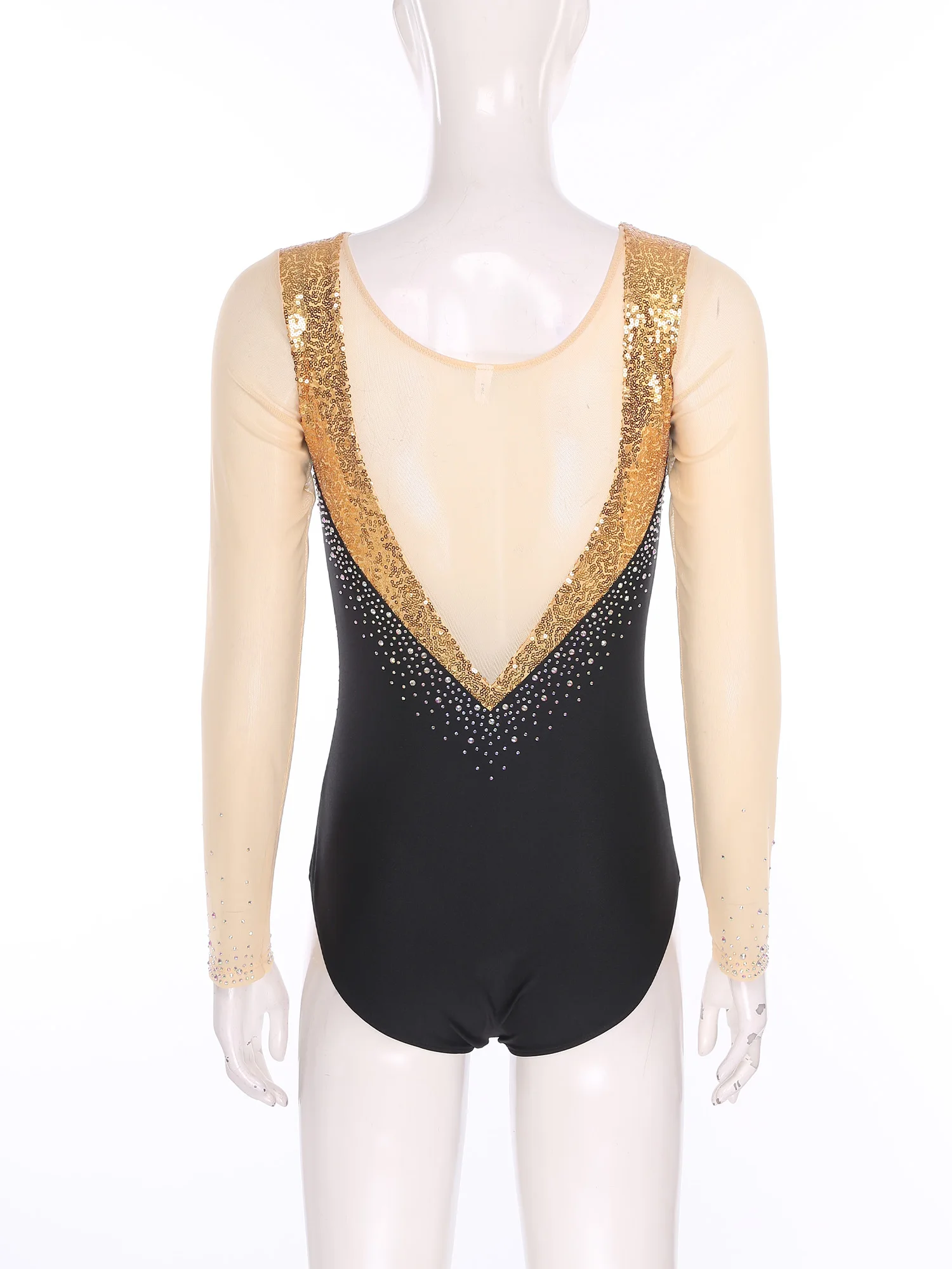 

Women Leotards Ballet Long Sleeve Sheer Mesh Patchwork Sequins Jumpsuit Performance Skating Gymnastics Bodysuit for Competition