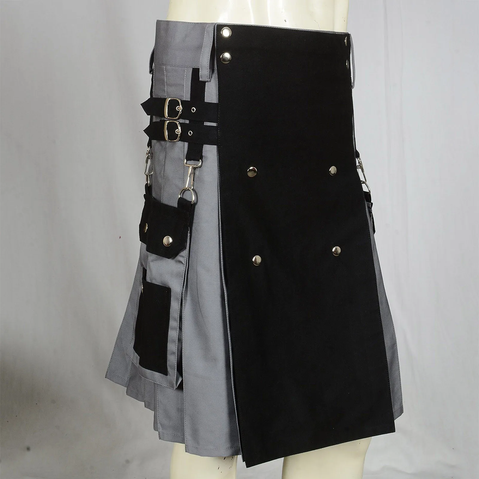 Men Scottish Kilt Vintage Buckle Rivet Punk Skirt Cosplay Scottish Short Traditional Pleated Skirt Kilt With Pockets