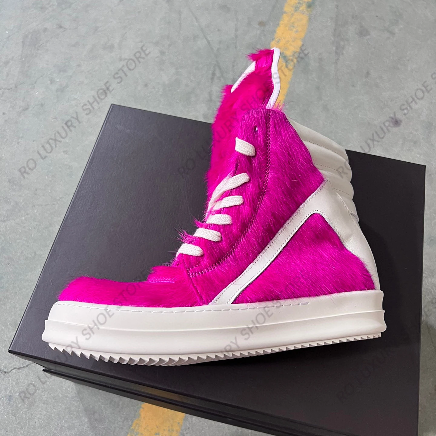 Outdoor Designer Horse Fur Women Ankle Boot High Top Men Sneaker Leather Geobasket Rose Red Zip Quality Thick-sole Platform Shoe