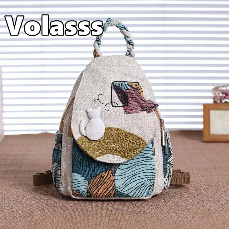 

VOLASSS New Ethnic Style Canvas Women's Backpack Cat Print Handmade Travel Bags Zipper Lightweight Casual Schoolbag Versatile