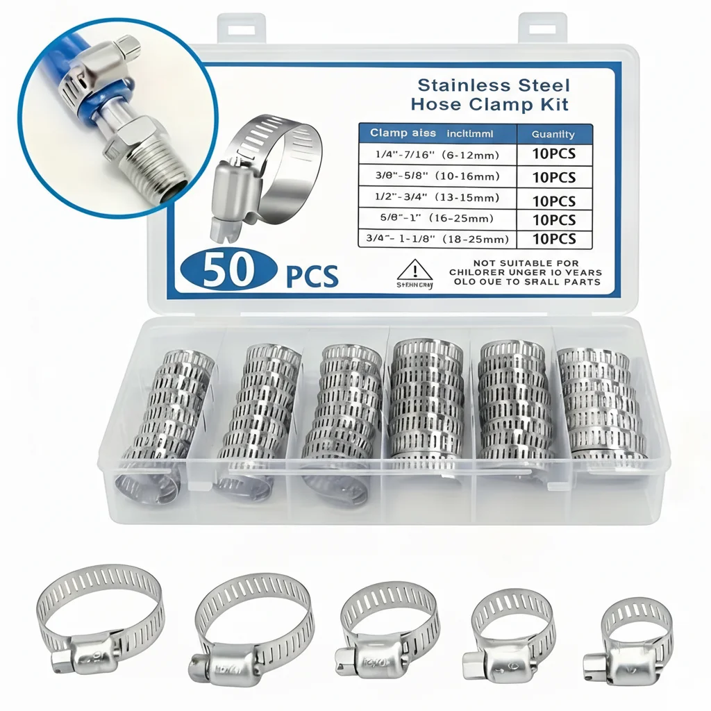 

40/50Pcs Stainless Steel Hose Clamp Assortment, 6-29mm Adjustable American Style Clamps, for Plumbing, Automotive, Water Pipe