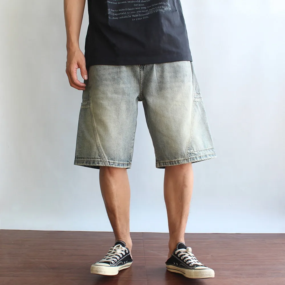 Retro loose denim mid-pants men's heavy wash and old summer double pocket five-point pants