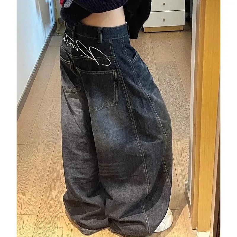 New Womens Jeans High Waist Vintage Design Hop Straight Baggy Denim Pants Street Y2k American Style Wide Leg Denim Trouser
