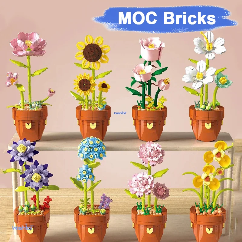

MOC Flower Bouquet Building Blocks Potted Plant Decorations Toy Assembly Valentine's Day Rose Bricks DIY Gift With Pot For Girls