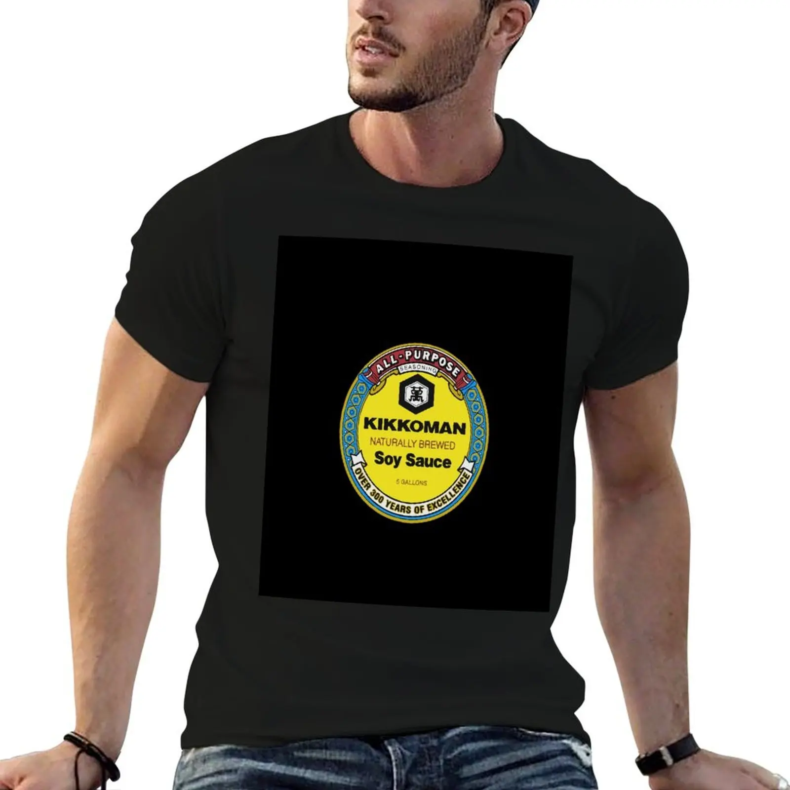 All Purpose Kikkoman Soy Sauce Print Design Men's Ideal Short Sleeve Black Funny Cotton T-Shirt