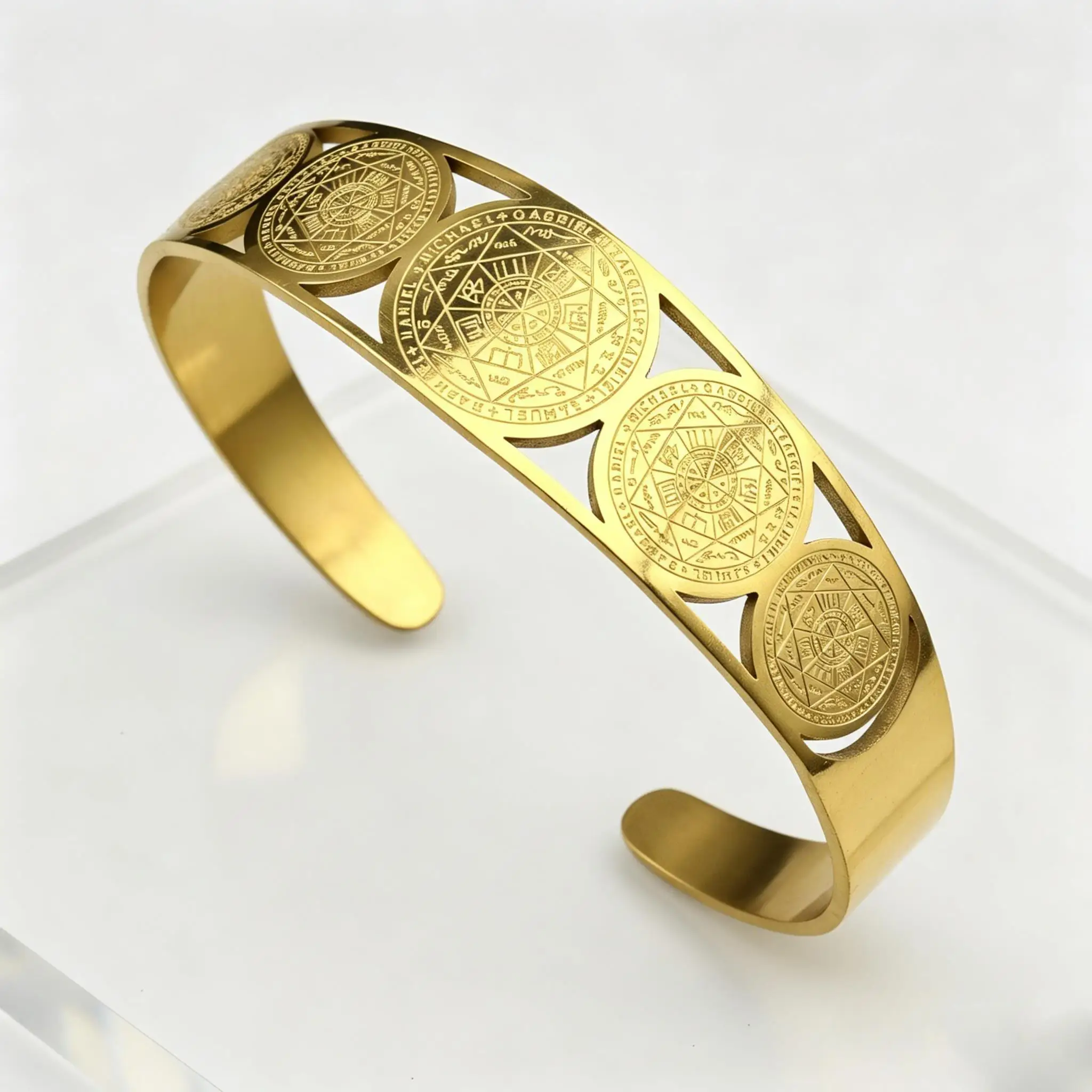 Bracelet ouvert ajustable en acier inoxydable avec sceau de Salomon, motif des Sept Archanges, pour femmes et hommes, bijou de protection